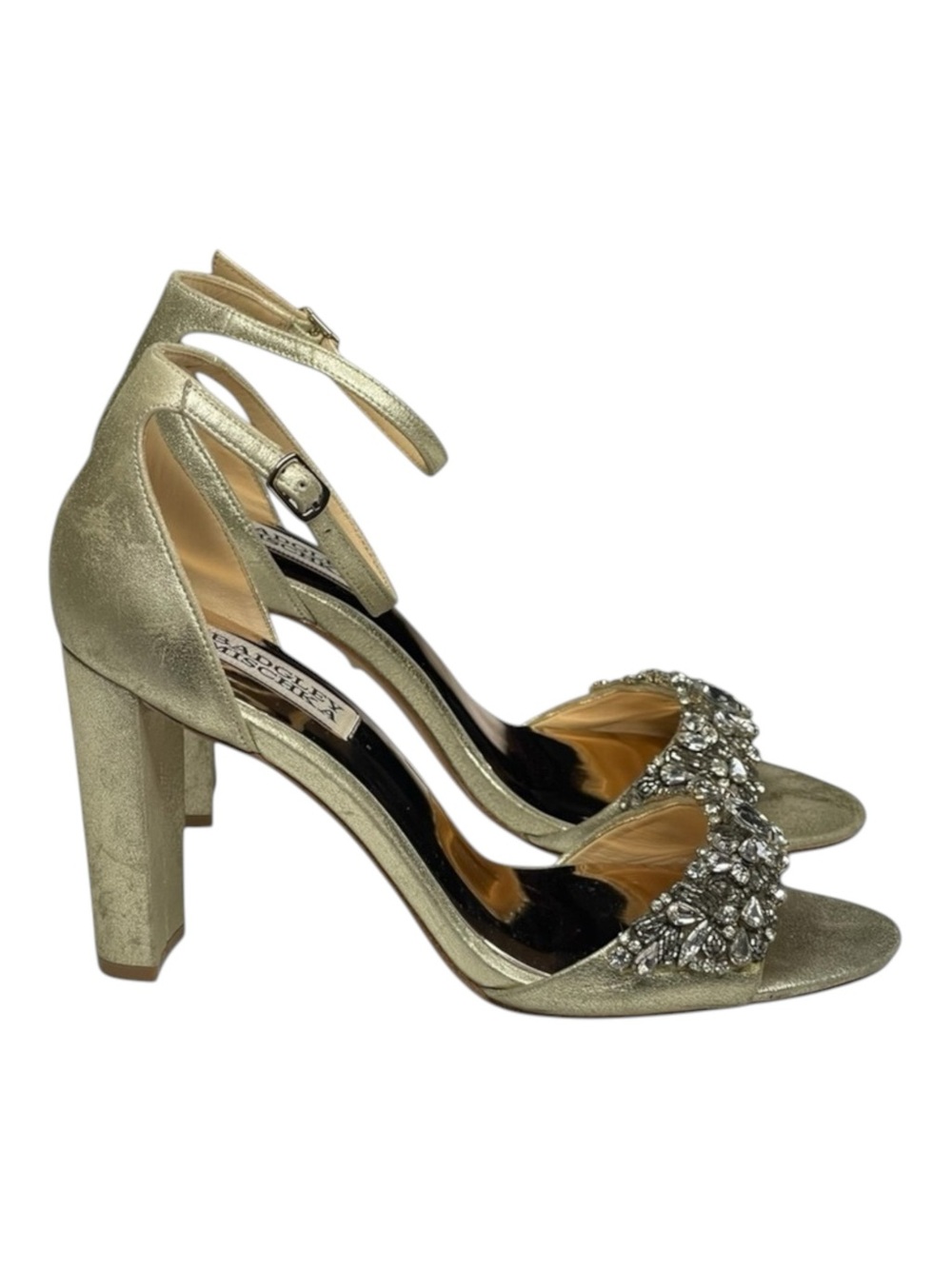 Badgley Mischka ❧ Barby Crystallized Heeled Sandals ❧ Gold Shimmery Leather ❧ 8M - Picture 3 of 16